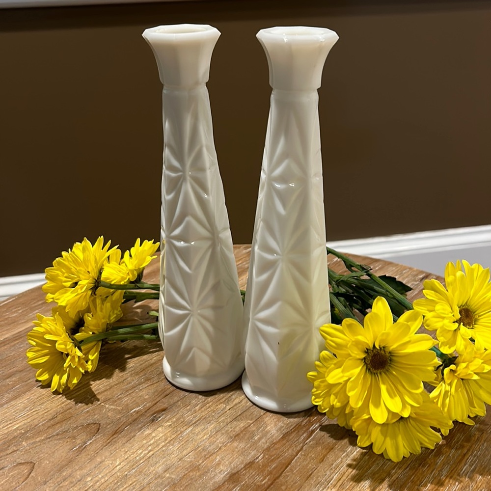 Vintage White Milk Glass Bud Vase. 9” set of 2